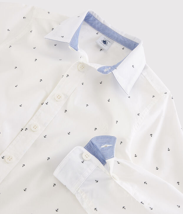 Chemise manches longues en popeline enfant gar&ccedil;on blanc/bleu