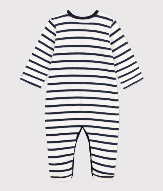Gestreepte fluwelen babypyjama wit MARSHMALLOW/blauw SMOKING