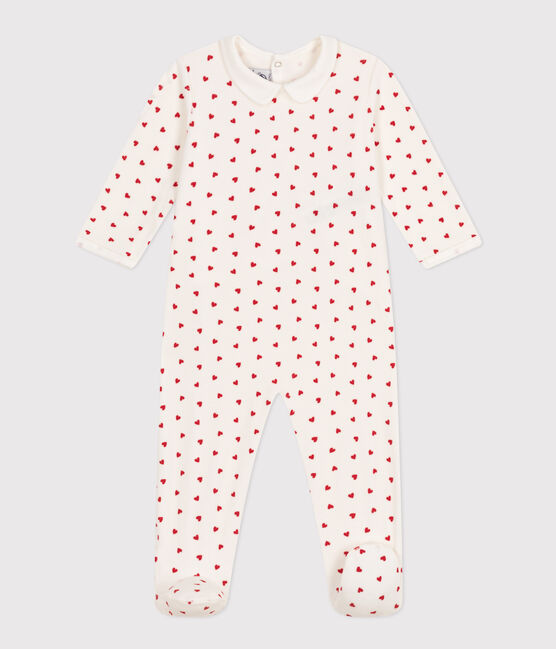 Fluwelen babypyjama met hartjesprint wit MARSHMALLOW/rood TERKUIT