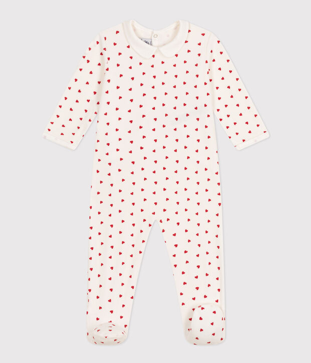 Fluwelen babypyjama met hartjesprint wit/rood