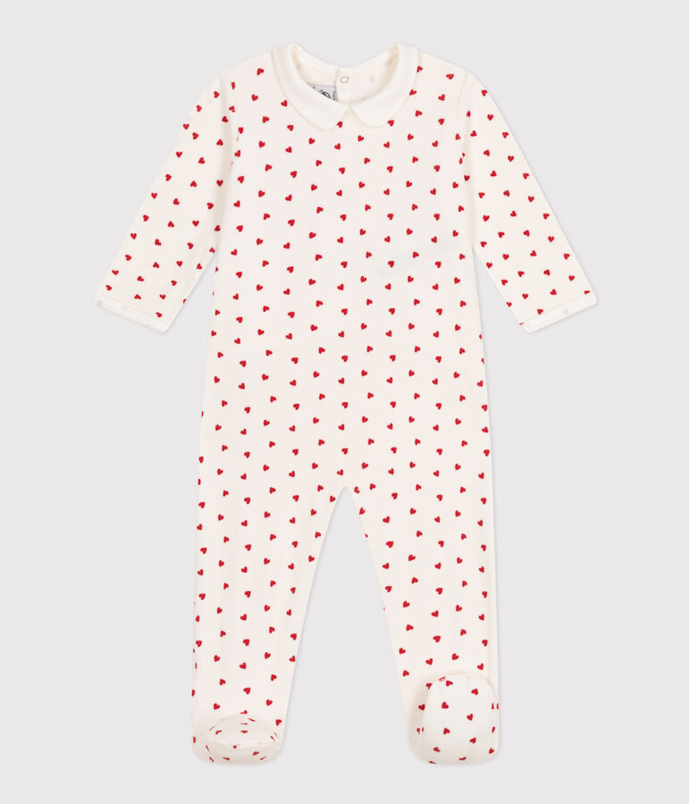 Fluwelen babypyjama met hartjesprint wit/rood