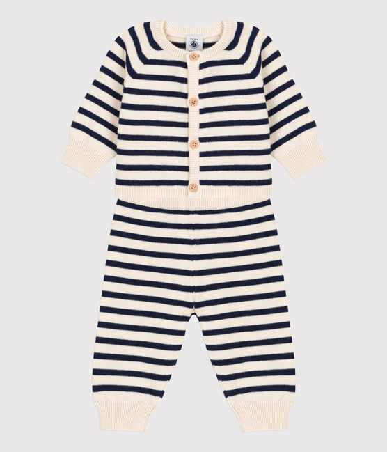 Ensemble 2 pièces à rayures marinières bébé en tricot laine et coton blanc AVALANCHE/bleu SMOKING