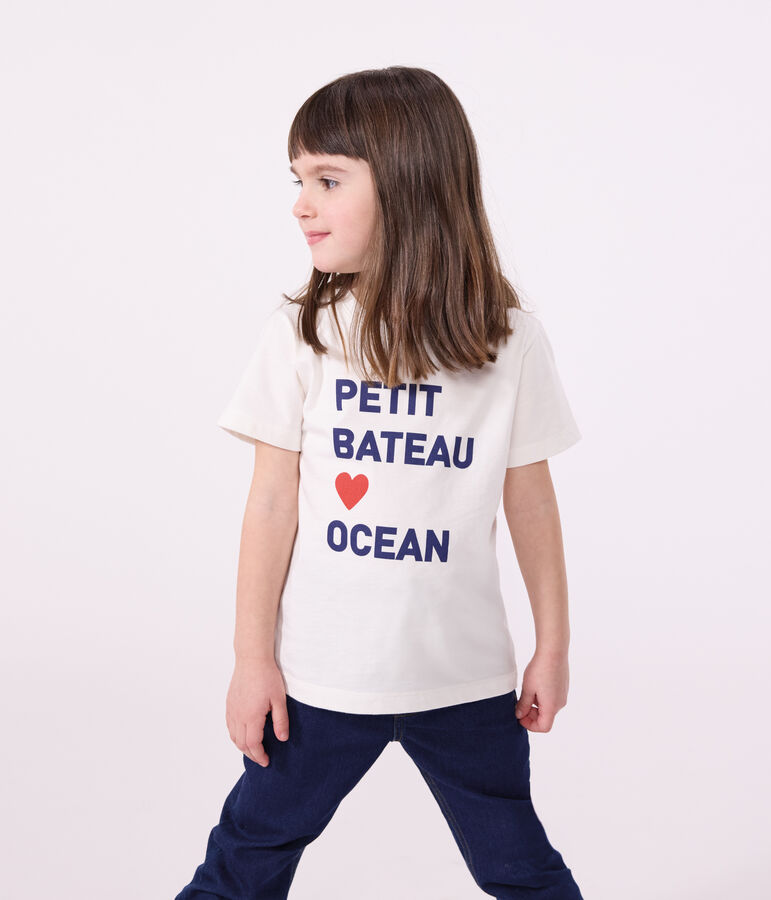 Katoenen uniseks T-shirt met korte mouwen en print voor kinderen wit MARSHMALLOW