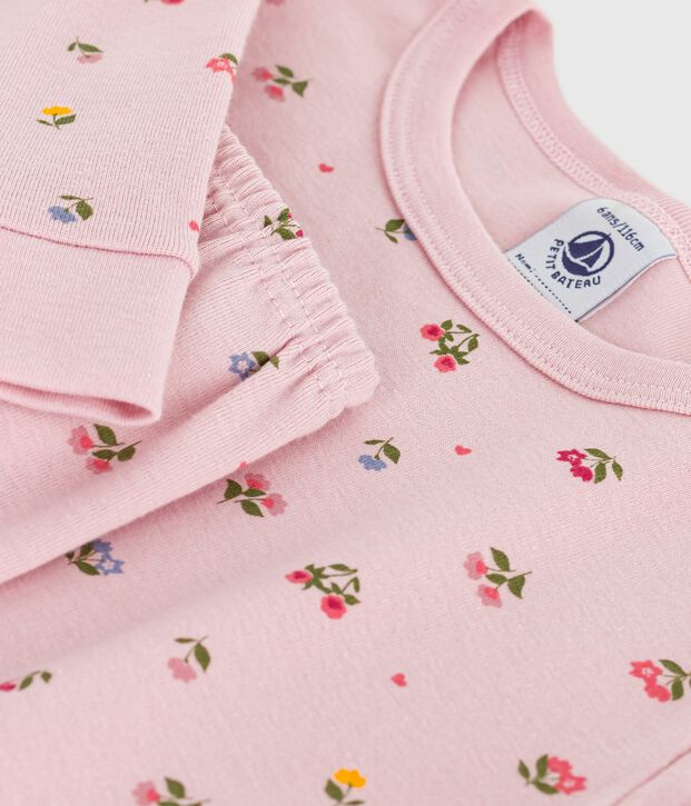 Pyjama enfant en coton  tr&egrave;s ajust&eacute; imprim&eacute; fleurs rose/multicouleur