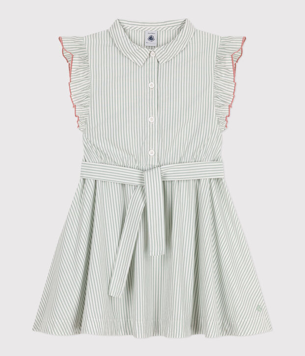 Robe sans manche enfant en coton &agrave; rayures vert/blanc