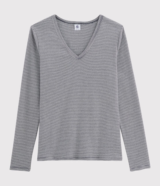 T-shirt col V iconique en coton Femme bleu SMOKING/blanc MARSHMALLOW
