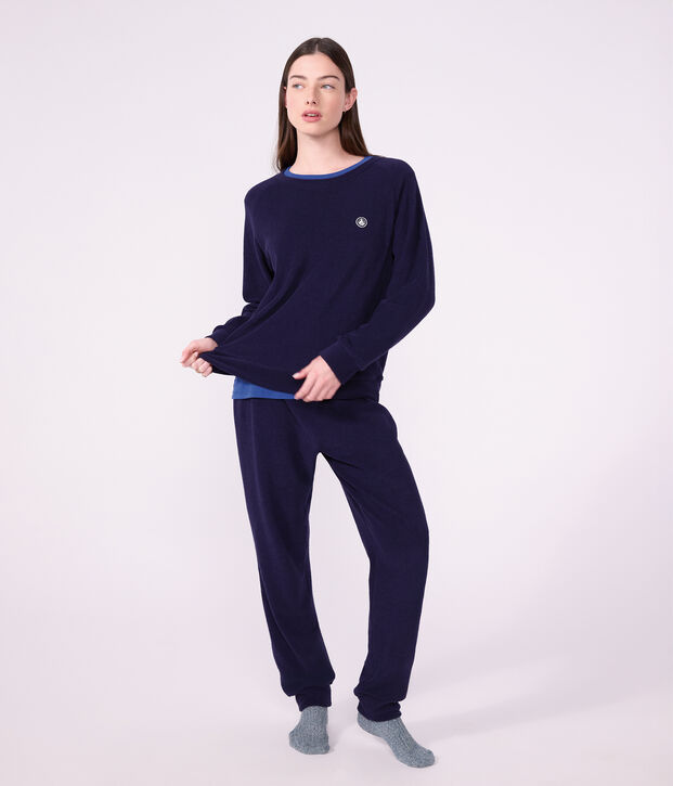 Pyjama femme en coton &eacute;ponge uni bleu marine