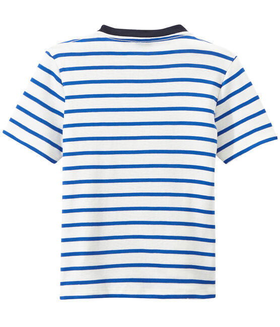 Gestreept jongens-T-shirt met opdruk wit MARSHMALLOW/blauw PERSE