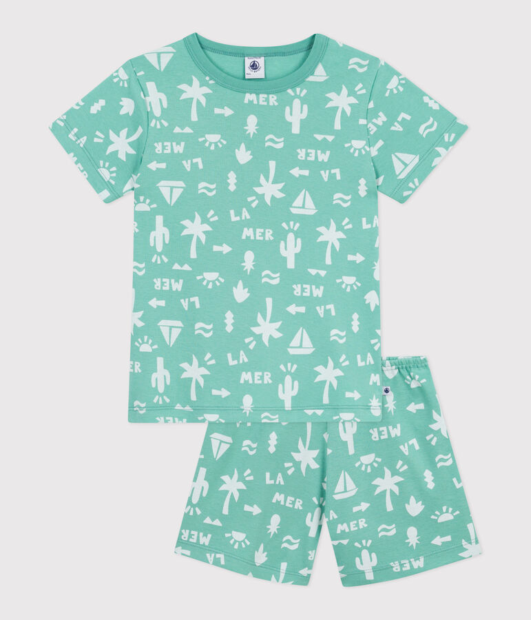 Pyjama short enfant en coton imprim&eacute; vert/blanc