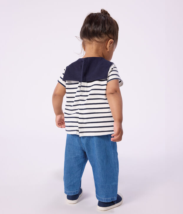 Katoenen babybloesje met matrozenstreepje en geborduurd kraagje wit/blauw