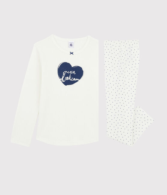 Meisjespyjama van ribtricot met minihartjes wit MARSHMALLOW/blauw MEDIEVAL
