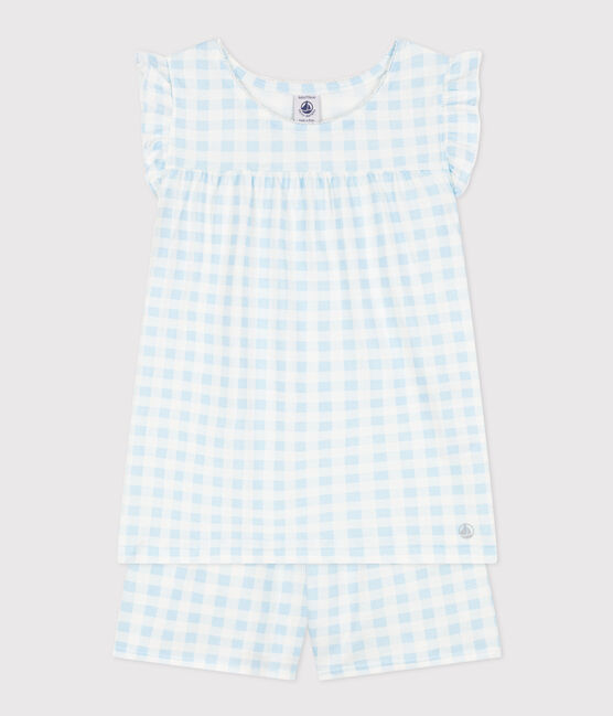 Korte meisjespyjama van dun katoen met vichyruitjes blauw MARSHMALLOW/wit GOMME
