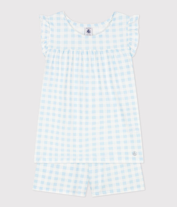 Pyjacourt imprim&eacute; vichy en coton fin petite fille blanc/bleu