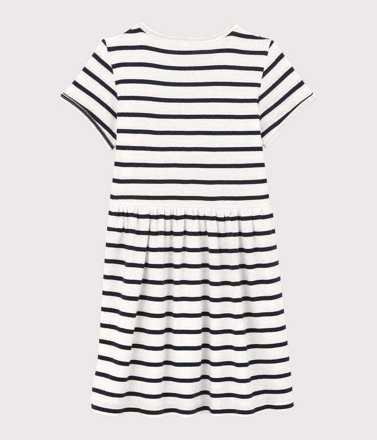 Meisjesjurk met korte mouwen in katoen wit/blauw