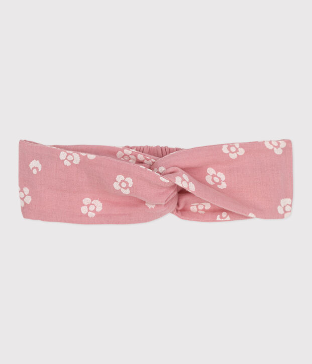Kinderhoofdband van katoenen gaas met bloemenprint roze/wit