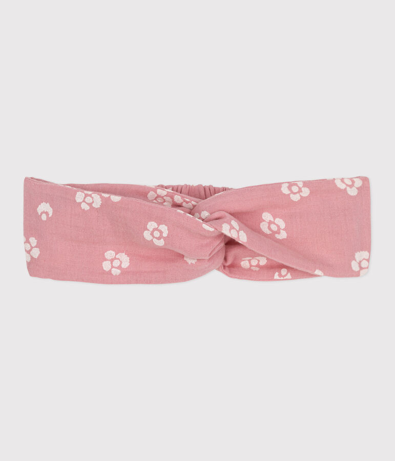 Bandeau enfant en gaze de coton imprim&eacute; fleurs rose CHARME/blanc MARSHMALLOW