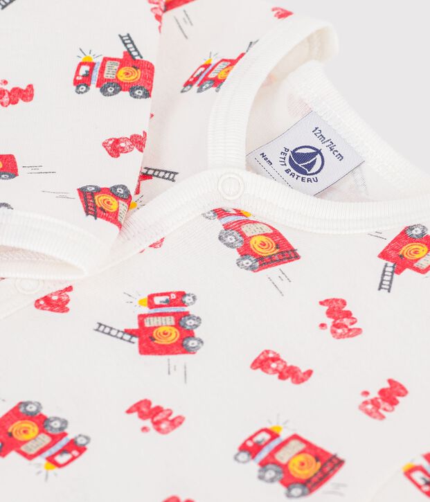 Katoenen babypyjama zonder voetjes met brandweermanprint wit/multicouleur