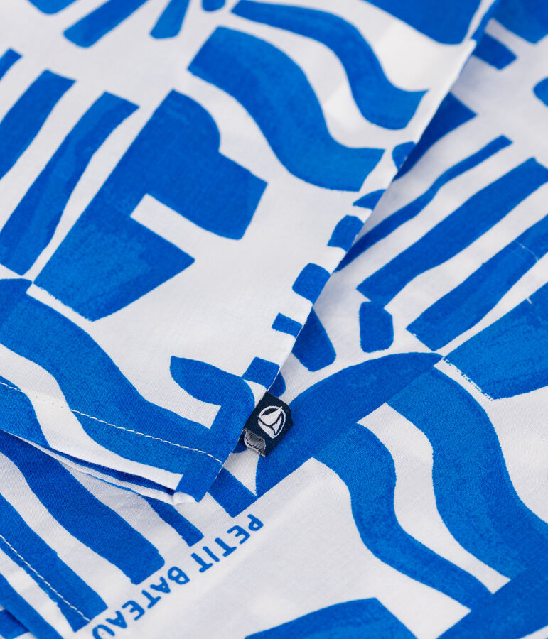 Chemise enfant en coton manches courtes imprim&eacute;e blanc/bleu