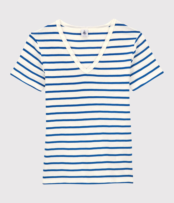 Tijdloos dames-T-shirt met V-hals in biokatoen wit MARSHMALLOW/blauw DELFT
