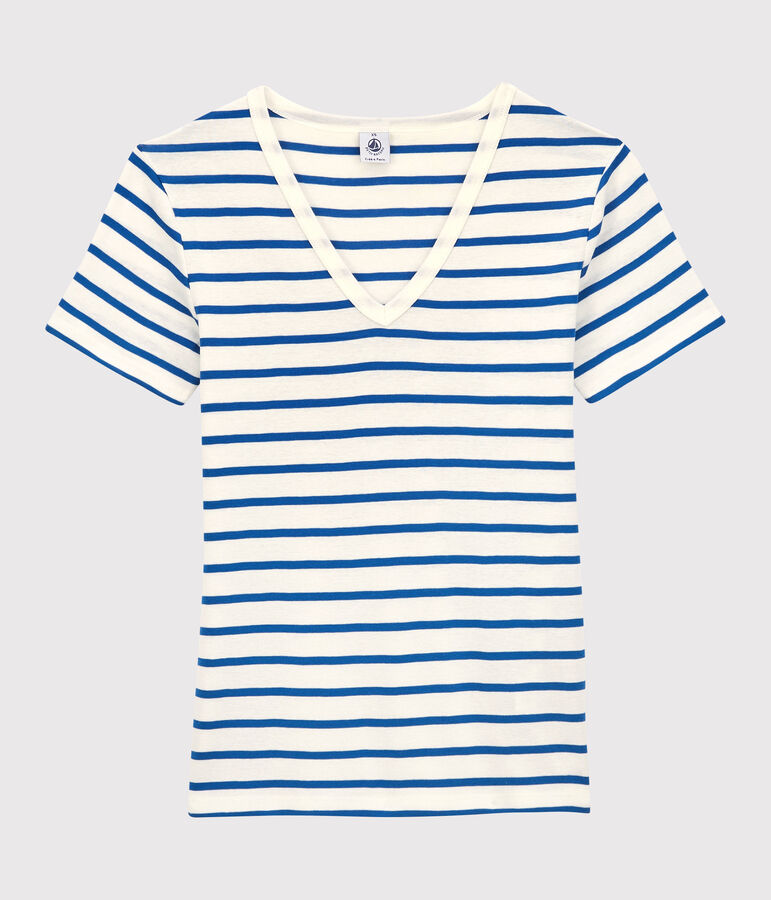 Tijdloos dames-T-shirt met V-hals in biokatoen wit MARSHMALLOW/blauw DELFT
