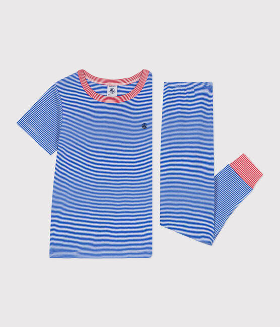 Pyjama enfant en coton à rayures bleu PERSE/blanc MARSHMALLOW