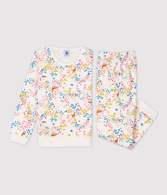 Meisjespyjama van molton met bloemenprint wit MARSHMALLOW/wit MULTICO