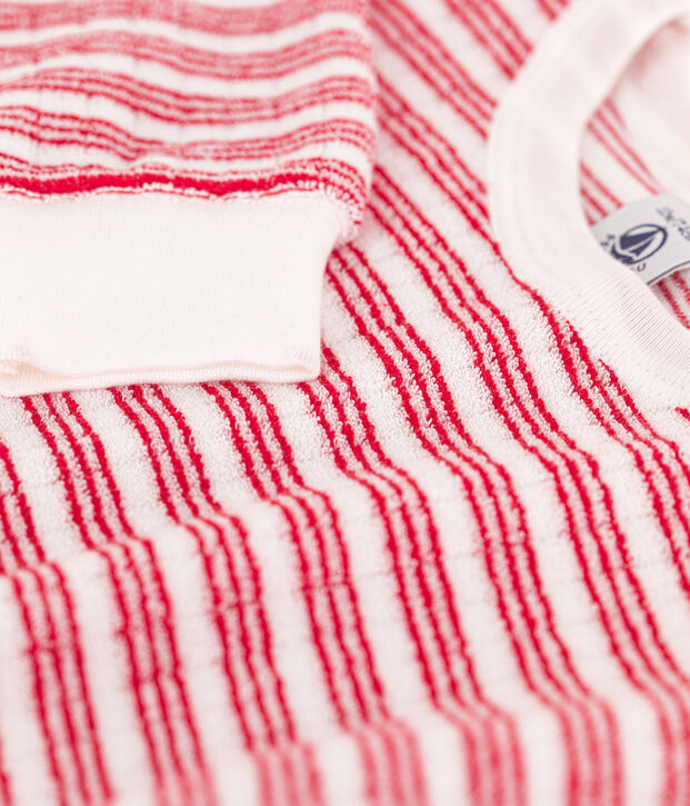 Sweatshirt b&eacute;b&eacute; en bouclette &eacute;ponge ray&eacute;e blanc/rouge