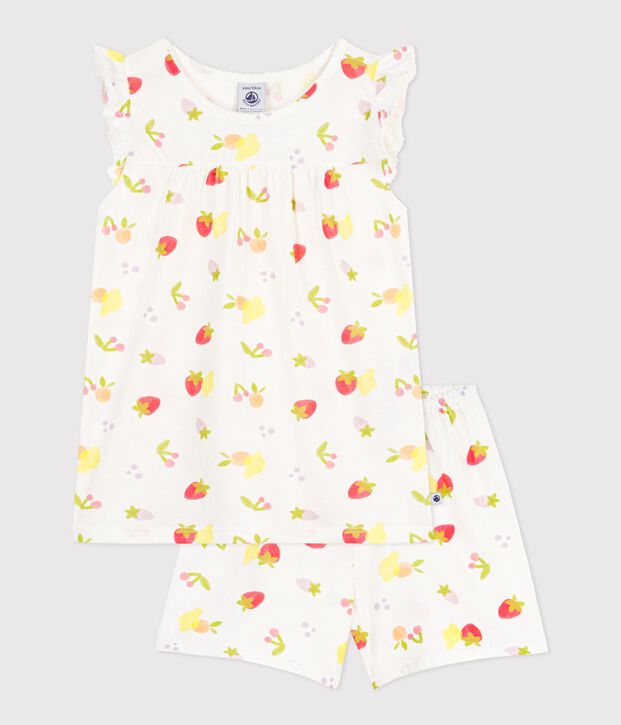 Korte katoenen kinderpyjama met vruchtenprint wit/multicouleur