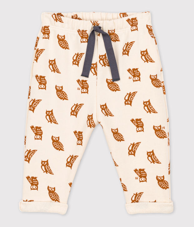 Broek in molton met uiltjesprint voor baby's ecru/bruin