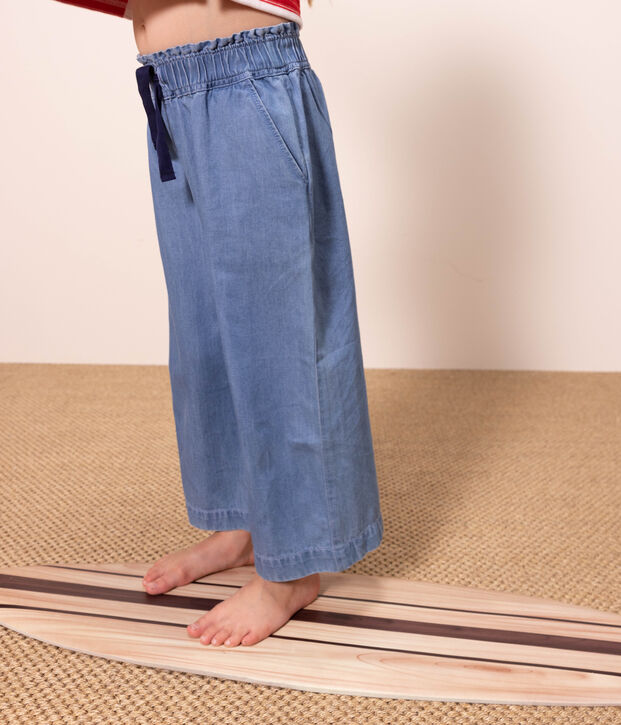 Brede broek in denim voor meisjes blauw