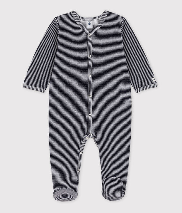 Fluwelen babypyjama met milleraies-streepjes blauw/wit