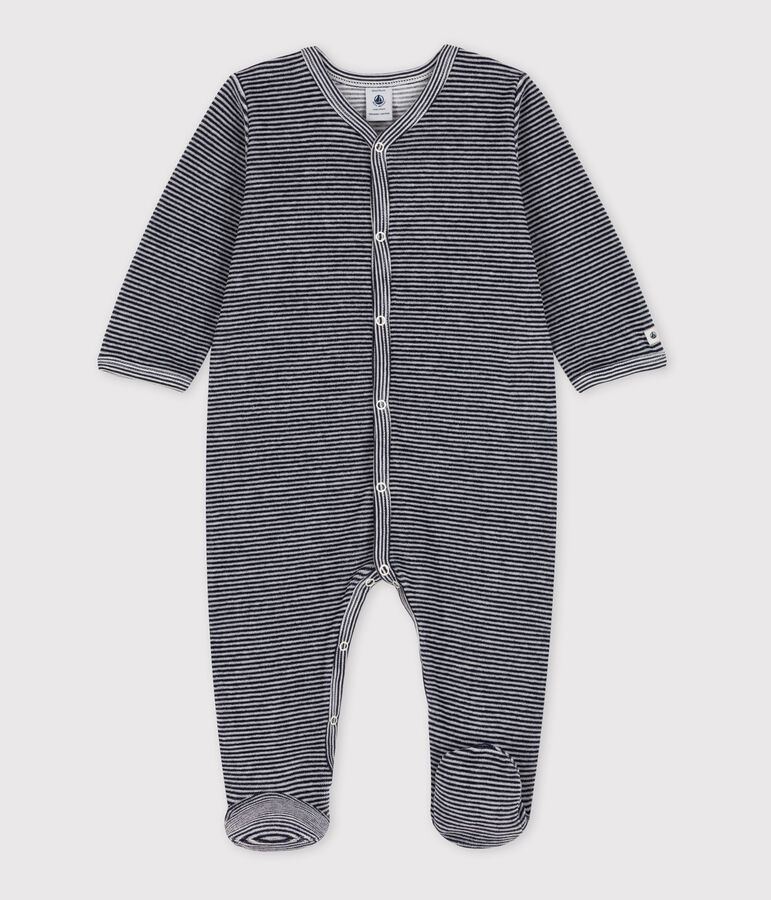 Fluwelen babypyjama met milleraies-streepjes blauw/wit