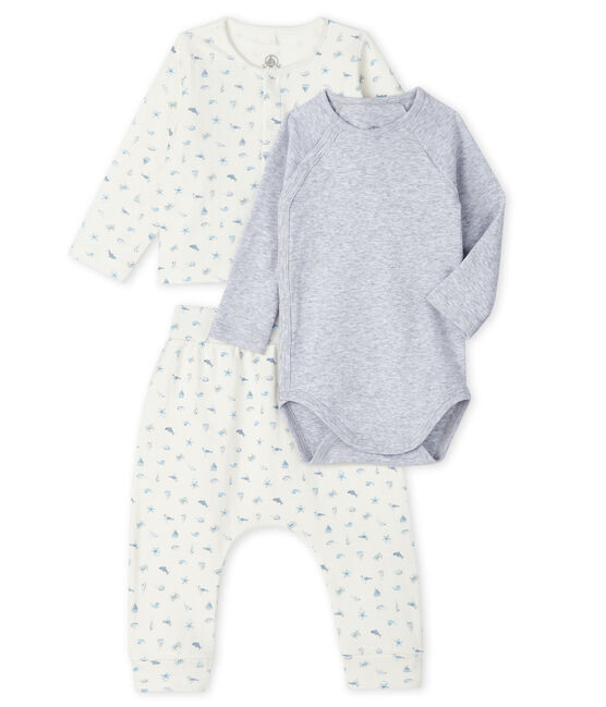 Ensemble 3 pièces bébé mixte en tubique blanc MARSHMALLOW/bleu TOUDOU/ MULTICO