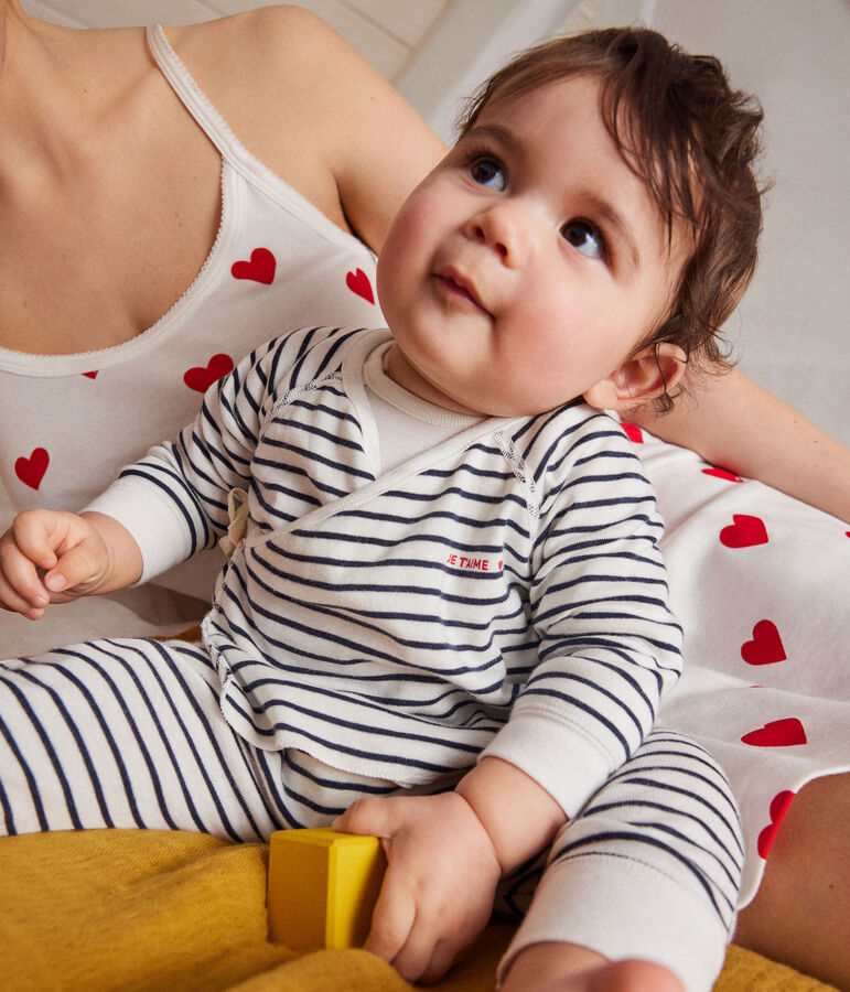 Ensemble 3 pi&egrave;ces ray&eacute; en coton b&eacute;b&eacute; blanc/bleu