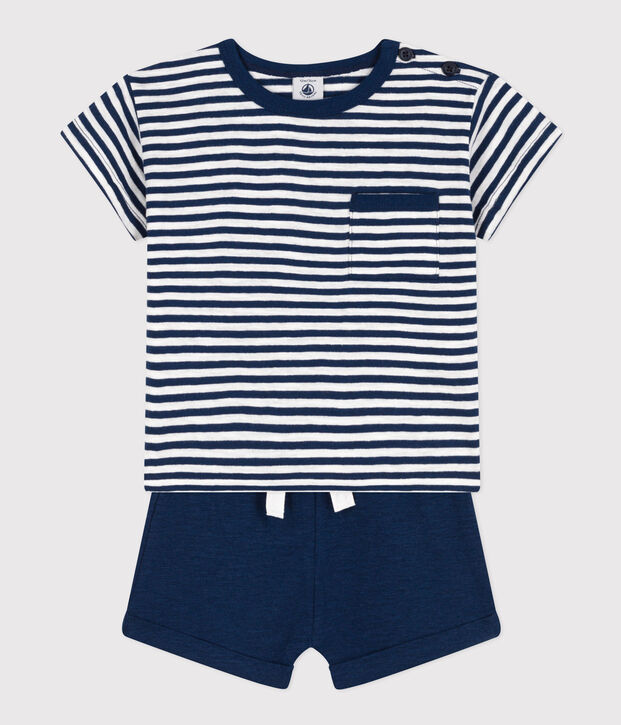 Babysetje van gevlamde jerseystof en katoen blauw/wit