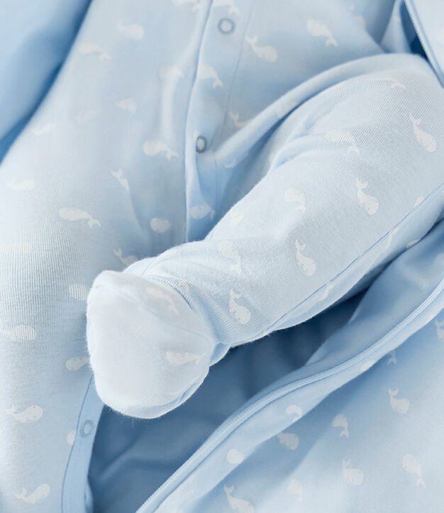 Katoenen babypyjama met kraag met walvisprint blauw/wit