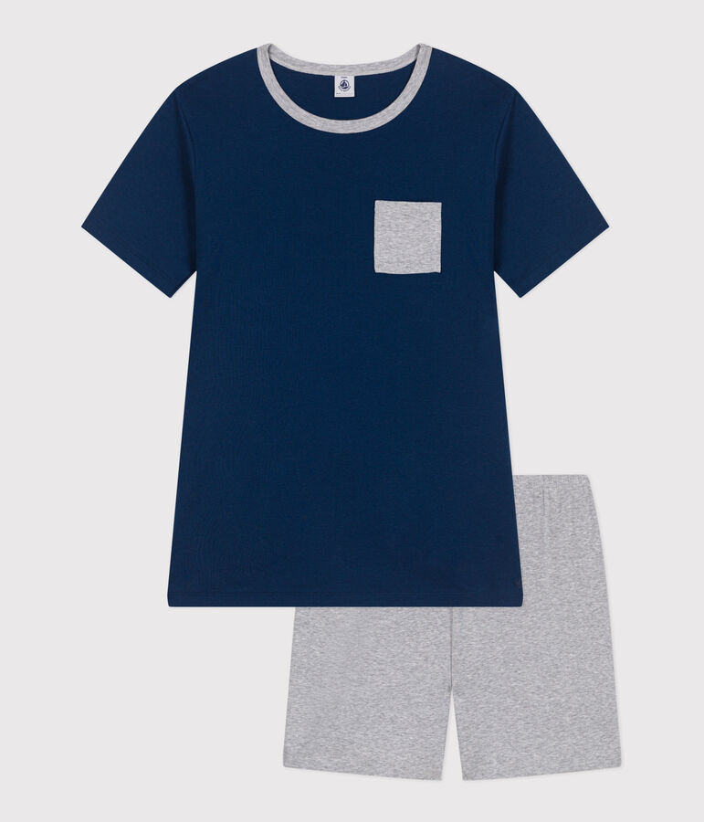 Pyjama short enfant en coton uni bleu/gris