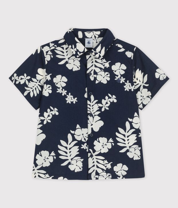 Jongenshemd in popeline met korte mouwen blauw/wit