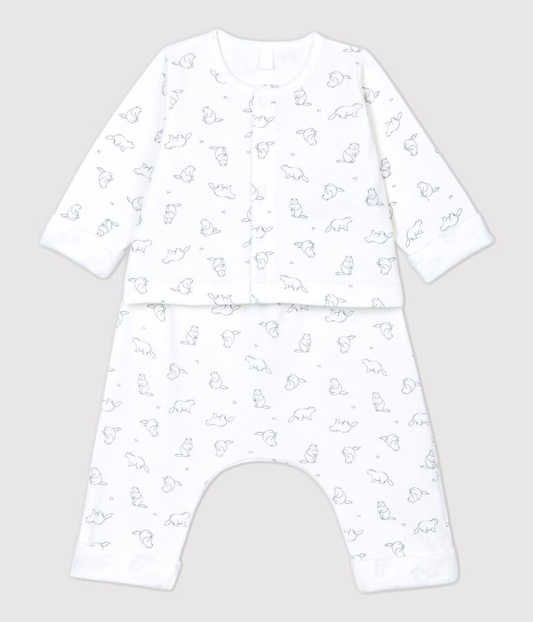Ensemble 2 pi&egrave;ces imprim&eacute; marmottes b&eacute;b&eacute; en coton biologique blanc MARSHMALLOW/gris GRIS