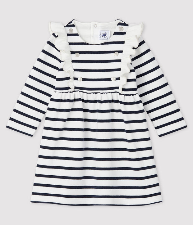 Robe manches longues b&eacute;b&eacute; fille blanc/bleu