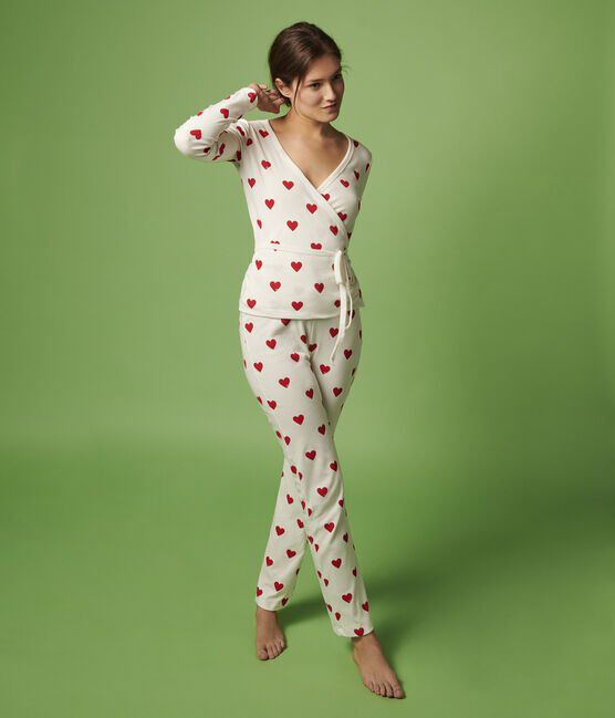 Katoenen Dames homewear broek met hartjesmotief wit MARSHMALLOW/rood TERKUIT