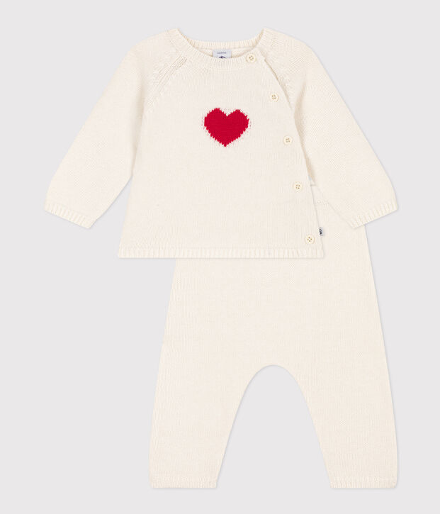 Ensemble en tricot laine et coton motif coeur b&eacute;b&eacute; blanc/rouge