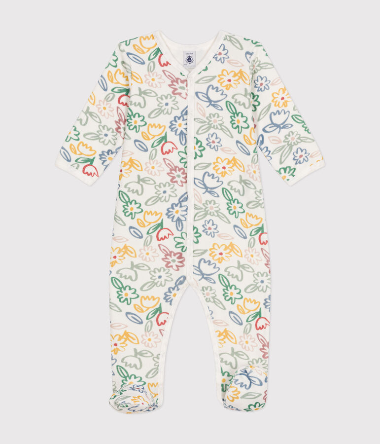 Babypyjama van fluweel met bloemenprint wit MARSHMALLOW/wit MULTICO