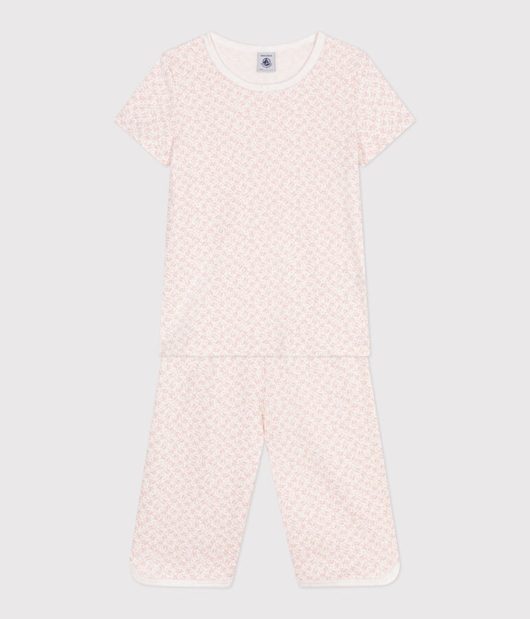 Pyjama capri enfant en coton imprim&eacute; fleuri blanc/rose