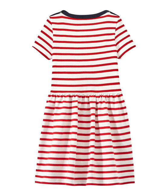 Gestreepte meisjesjurk wit MARSHMALLOW/rood TERKUIT