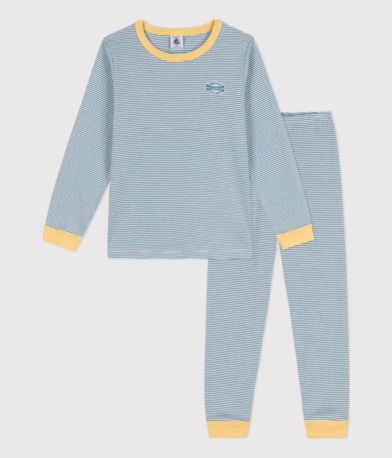 Katoenen pyjama met milleraiesprint voor kleine meisjes en jongens blauw ROVER/wit MARSHMALLOW