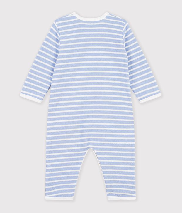 Pyjama b&eacute;b&eacute; en coton &eacute;ponge sans pieds &agrave; rayures bleu/&eacute;cru