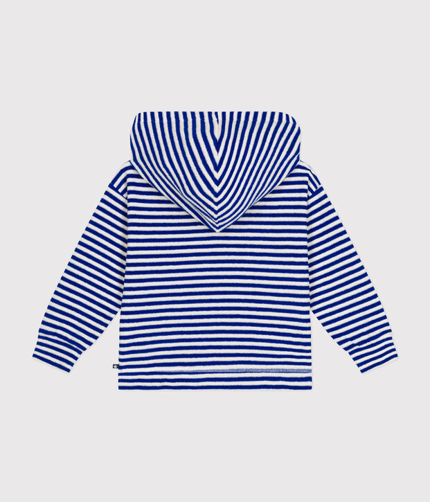 Gestreept sweatshirt met kap in badstof voor kinderen blauw/ecru