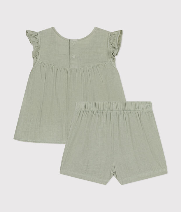 Luchtig katoenen babypakje met blouse en korte broek groen