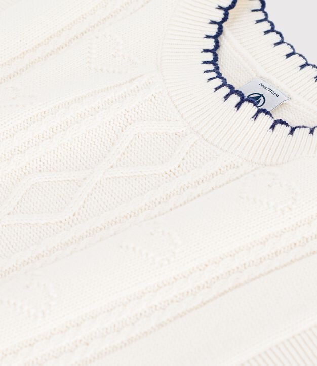 Mouwloze kindertrui van wol en katoen met kabeltricot wit